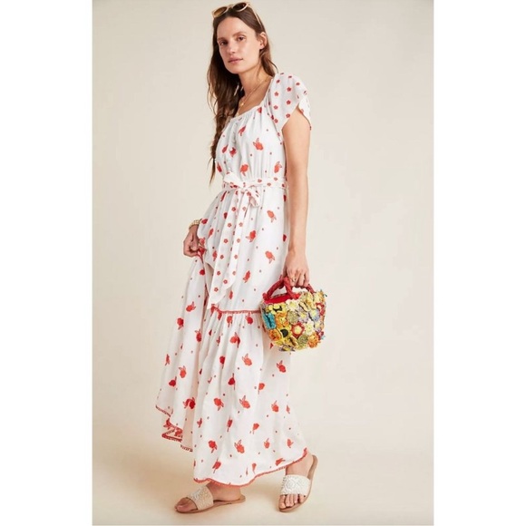 Anthropologie Esme Embroidery Maxi Dress | White + Red | Size Medium - Picture 1 of 13